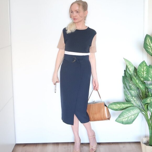 Zarina Smart Navy Blue False Wrap Midi Career Pencil Skirt With Belt S - Picture 3 of 16